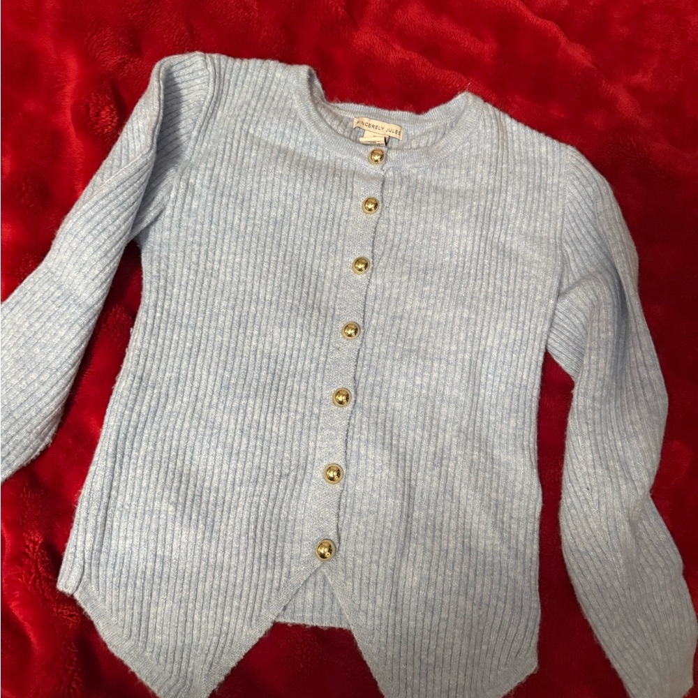 Sincerely Jules Sky Blue Cardigan with Gold Button - Picture 3 of 8